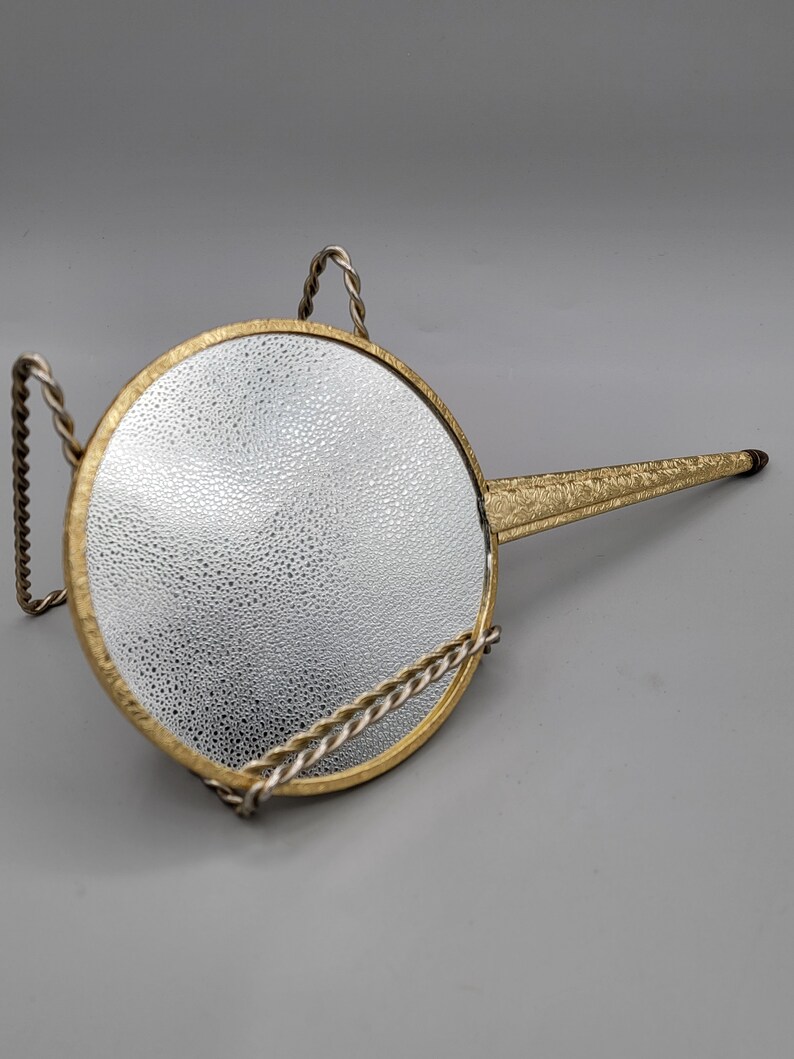 Vintage Brass Hand Mirror With Embroidered Flowers Etsy