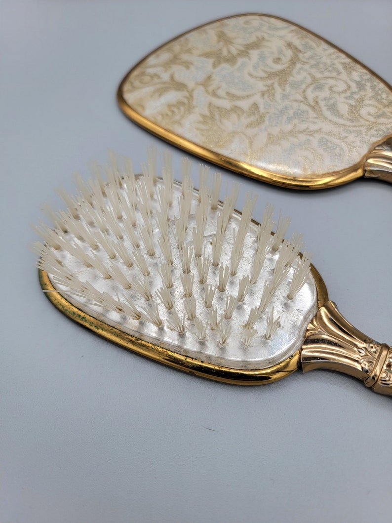 Vintage Vanity Mirror and Hair Brush Set Art Deco Embroidered Back Etsy