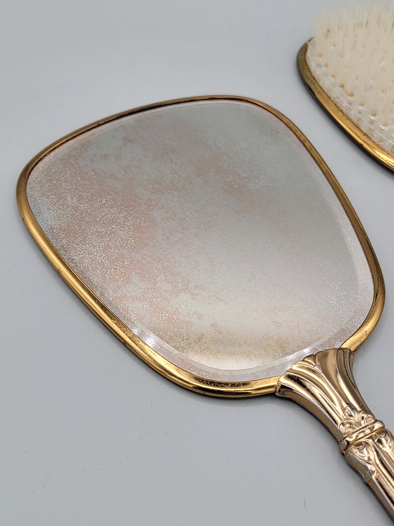 Vintage Vanity Mirror and Hair Brush Set Art Deco Embroidered Back Etsy