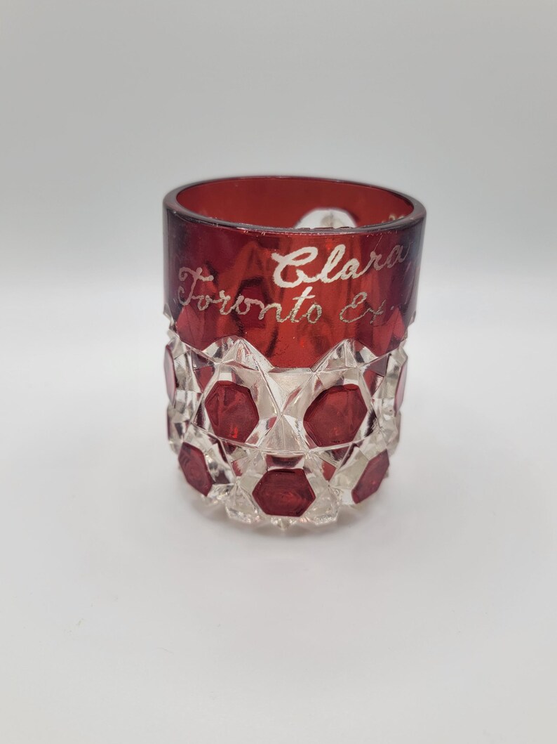 Antique Ruby Flashed EAPG Mug, Engraved Clara Toronto 1903, Victorian Glassware image 2