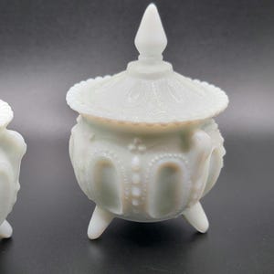 Antique EAPG Wisconsin Pattern Milk Glass Condiment Jar, US Glass Co Beaded Medallion Footed