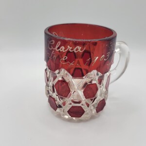 Antique Ruby Flashed EAPG Mug, Engraved Clara Toronto 1903, Victorian Glassware image 3
