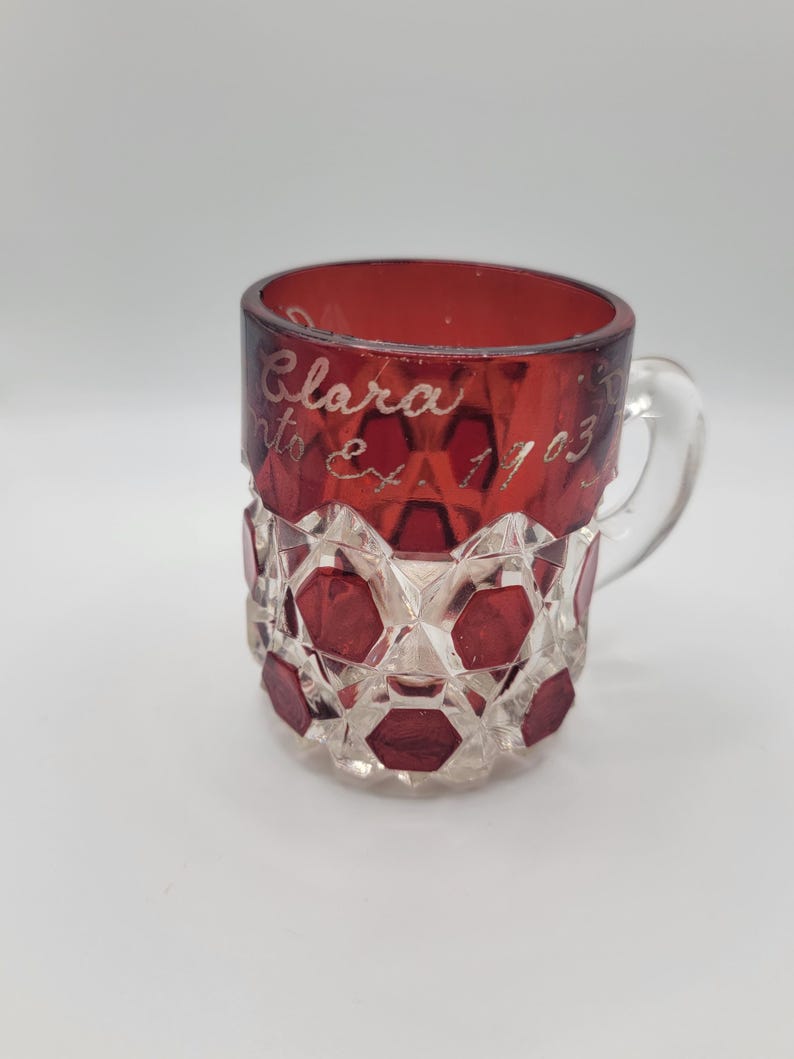 Antique Ruby Flashed EAPG Mug, Engraved Clara Toronto 1903, Victorian Glassware image 3