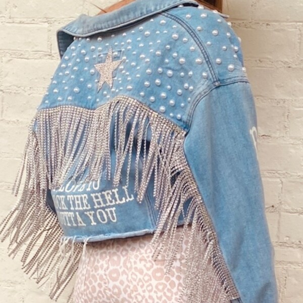 Custom Cropped Denim Jacket Country Concert Rhinestone Pearl