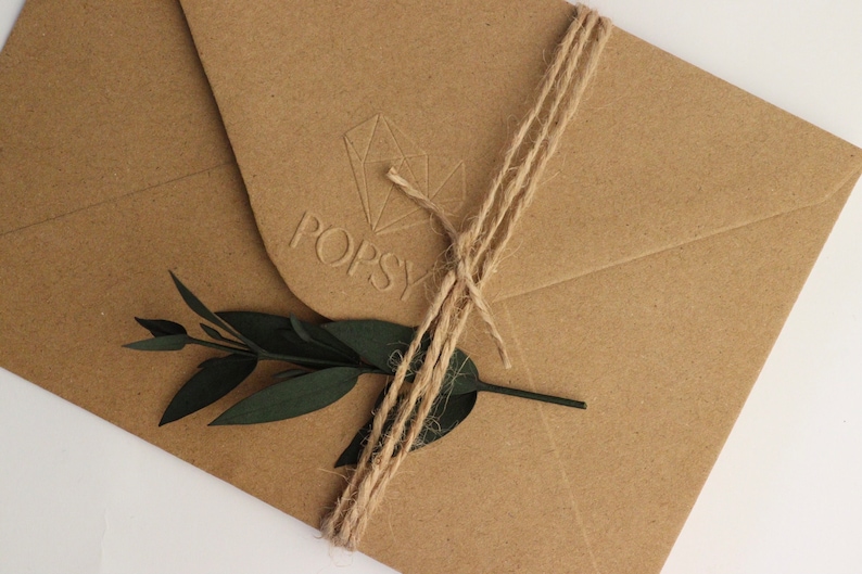 May include: A brown paper envelope with a twine bow and a green sprig of leaves. The envelope has a raised logo that says "POPSY" with a geometric design.