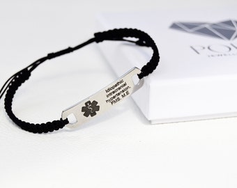 Personalised Medical ID Macrame Bracelet, Engraved Stainless Steel Tag, Autism Awareness Jewelry