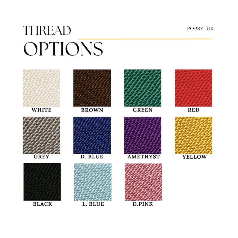 May include: A chart showing thread color options for embroidery. The colors are white, brown, green, red, grey, dark blue, amethyst, yellow, black, light blue, and dark pink.