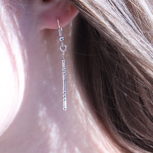 May include: A silver dangle earring with a chain of small beads.