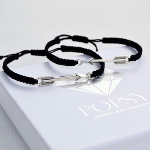 His and Hers Macrame Bracelet Set: Silver Arrow Charm, Couple Jewelry