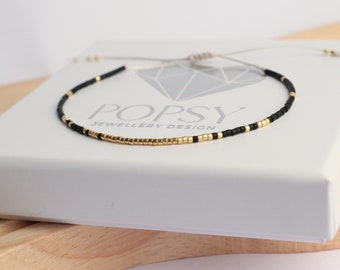 Tiny black & gold delicia seed bead bracelet, Dainty Colourful Beaded String Bracelet, Adjustable Minimalist Bracelet, Stocking stuffer gift