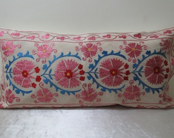 Suzani  Lumbar pillow,  silk embroidery on silk  fabric ,handwoven lumbar  pillows,34 inches  x 16 inches, 88 cm x 42 cm No:B 162