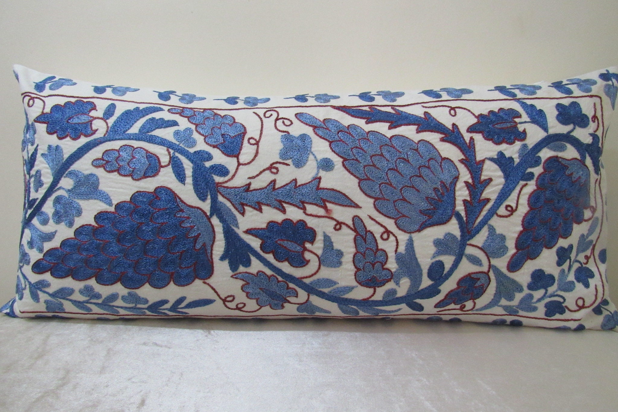 Suzani  Lumbar pillow handwoven lumbar  pillows,32 inches  x 16 inches 84 cm x 41 cm No:135 silk embroidery on cotton fabric