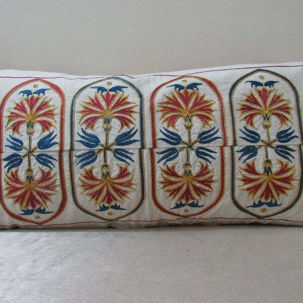 Suzani  Lumbar pillow,  front side silk embroidery on cotton fabric ,back side hand woven cotton ikat  pillows,26 inches  x 11 inches,NO:A31