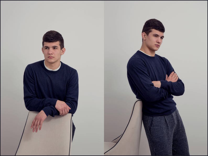 Knit Wool Sweater Navy and Beige Colour |Crew Neck Sweatshirt| Gift for Him | Classic Crew-Neck The Men\u2019s Style from Teoharis/&Co