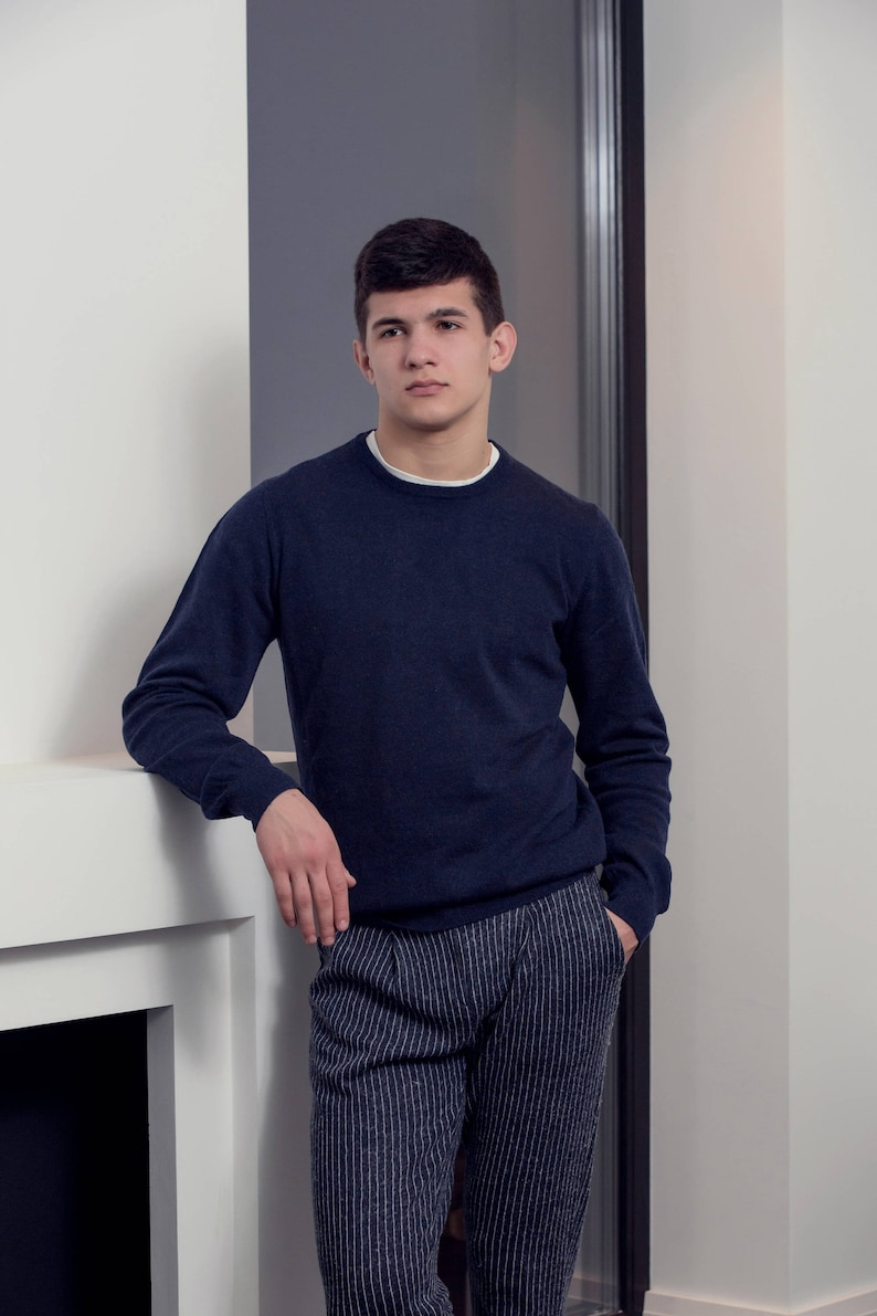 Knit Wool Sweater Navy and Beige Colour |Crew Neck Sweatshirt| Gift for Him | Classic Crew-Neck The Men\u2019s Style from Teoharis/&Co