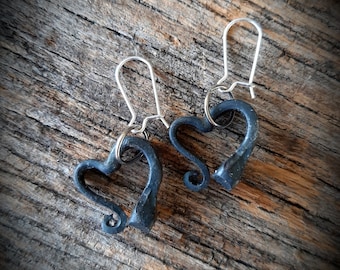 Horseshoe nail heart earrings hand forged