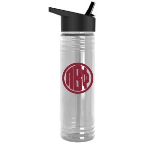 May include: A clear plastic water bottle with a black lid and a built-in straw. The bottle features a circular maroon logo on the front containing the Greek letters Lambda Beta Phi. The design is simple, functional, and transparent in appearance.