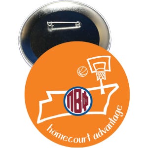 May include: Orange basketball button with a basketball hoop and ball graphic. The button features the text "homecourt advantage" and a logo with the letters "NBF". The button has a metal pin back.