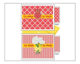 May include: A red and white patterned card with the text "chi omega" and an illustration of an owl wearing a hat. The back of the card is solid red with a white pattern.