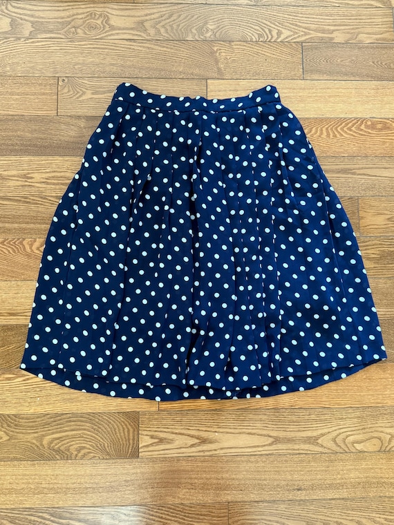 1940s-1950s style navy and white polka dot pleated A line skirt