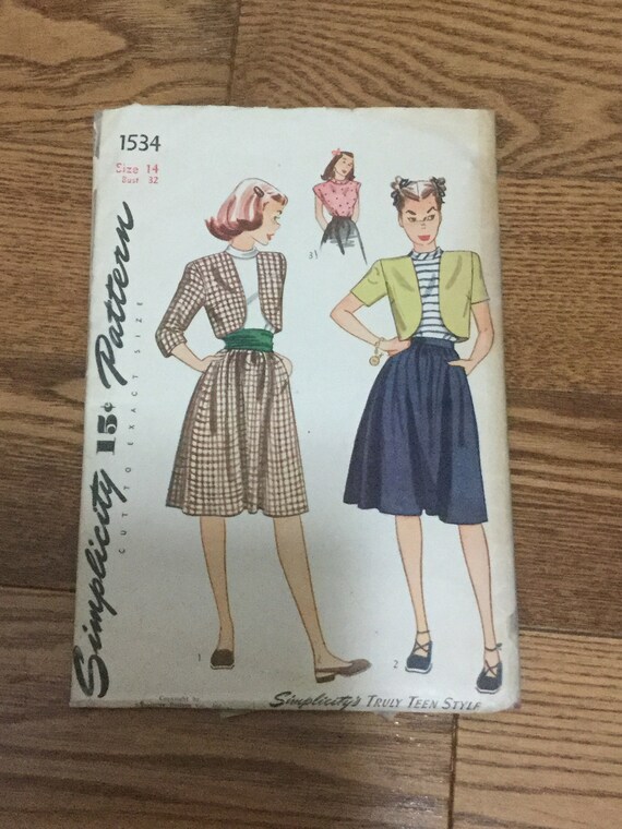 Vintage 1940s Simplicity 1534 Teenage Pattern B32 Size 14 Etsy