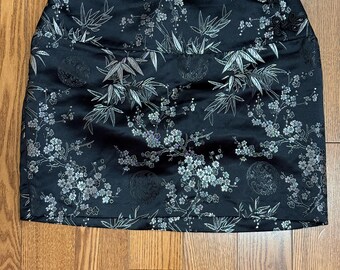 Vintage 90s Y2K Garage Asian Black Floral Jacquard Mini Skirt with Silver Detail