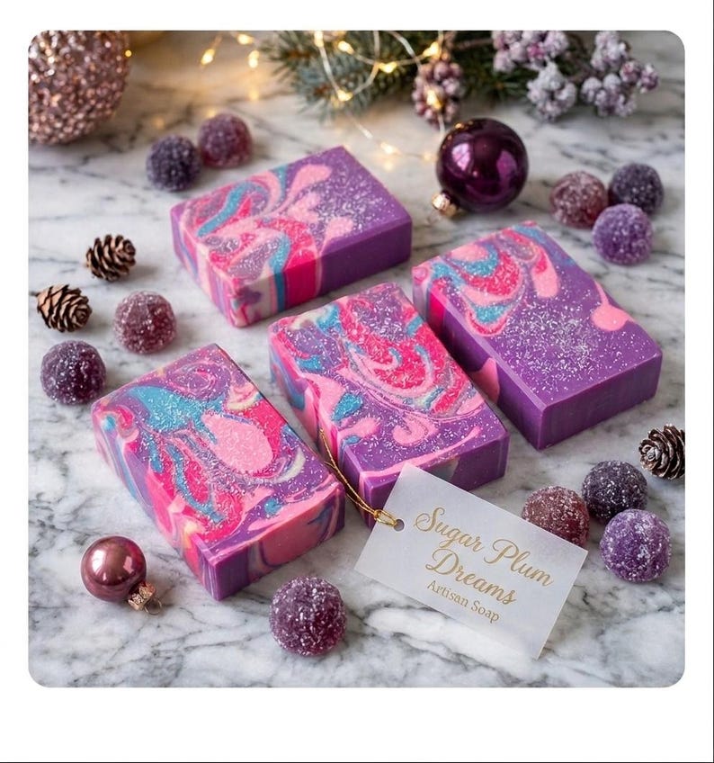 May include: Four rectangular bars of artisan soap with a swirl of pink, blue, and white on a purple base. The soap is surrounded by decorative ornaments, pinecones, and candies. A tag reads "Sugar Plum Dreams Artisan Soap."