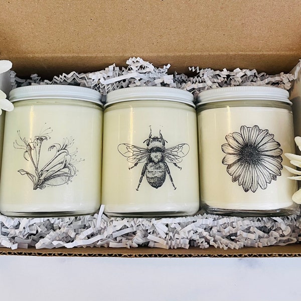 Set de regalo de velas botánicas de soja: Madreselva, Abeja, Margarita, Regalo para el Día de la Madre