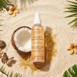 May include: A bottle of Body Glow Shimmer Serum with SPF 20, on a sandy surface with a halved coconut, flowers, and a butterfly. The bottle has a white spray top and a label with product information.