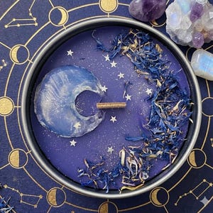 New Beginnings Crystal Candle: Wood Wick, Opalite Crystal Moon, Organic Herbs