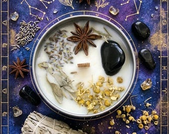 Vela protectora de cristal: Turmalina negra, hierbas medicinales, sanación espiritual.