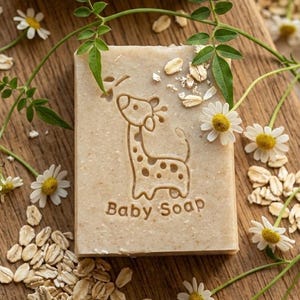 Puede incluir: Una pastilla de jab&oacute;n para beb&eacute; rectangular con un dise&ntilde;o de jirafa y las palabras "Baby Soap" grabadas en la superficie. El jab&oacute;n est&aacute; rodeado de flores de manzanilla, avena y hojas verdes sobre una superficie de madera.