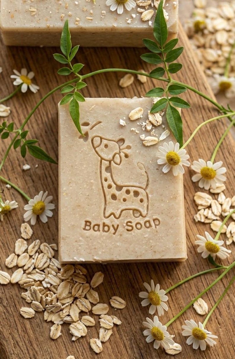 Puede incluir: Una pastilla de jab&oacute;n para beb&eacute; rectangular con un dise&ntilde;o de jirafa y las palabras "Baby Soap" grabadas en la superficie. El jab&oacute;n est&aacute; rodeado de flores de manzanilla, avena y hojas verdes sobre una superficie de madera.