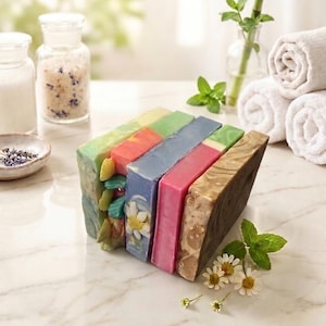 May include: A selection of colourful handmade soaps in shades of green, red, blue, and brown. The soaps are arranged in a row, displaying their unique textures and designs. The image also includes rolled white towels, jars of bath salts, and sprigs of mint and daisies.