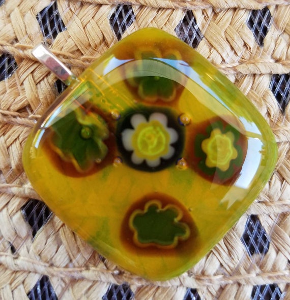 Yellow flower fused glass pendant | Etsy