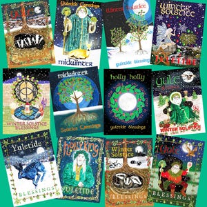 Yule Xmas Winter Solstice Colourful Pagan Fairy Holly Magical Greeting Cards. Mixed Pack of 12. 1x12 Designs.