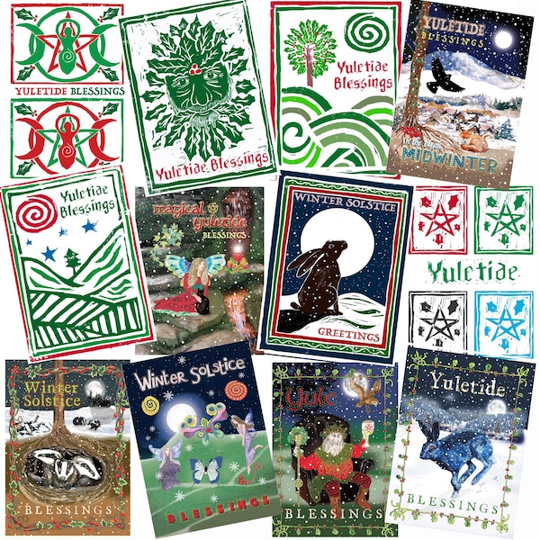 Winter Solstice Yuletide Pagan Xmas Linocut Print Greeting Cards: Mixed Pack of 12
