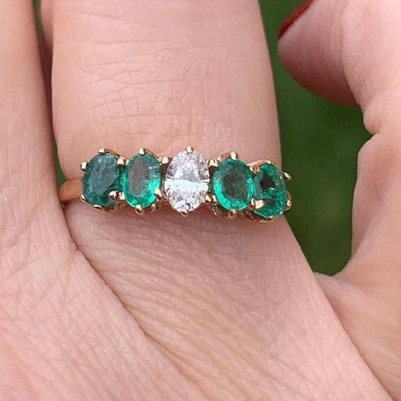 antique 14k oval diamond and emerald ring
