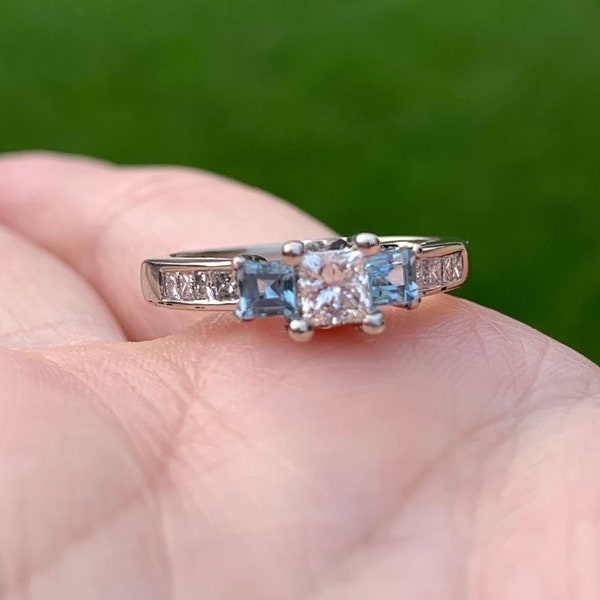 estate 14k princess cut diamond and aquamarine engagement ring