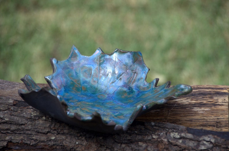 Colorful peacock Raku metalic ceramic sycamore decorative leaf