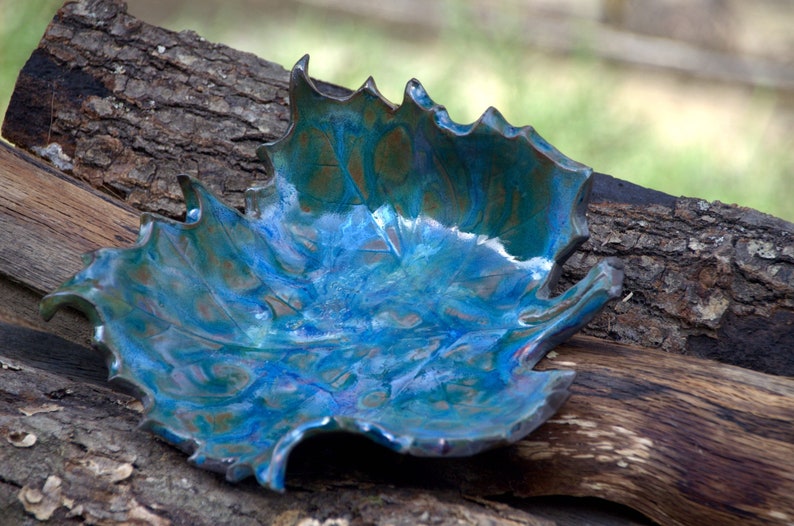 Colorful peacock Raku metalic ceramic sycamore decorative leaf