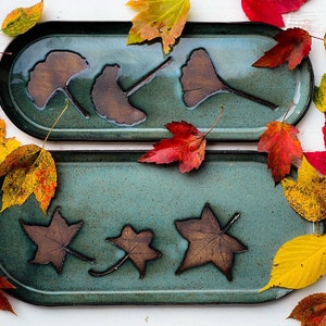 Fall leaves contemporary oval ceramic serveware, handmade oblong tray, tapas dish, sushi platter, foodies gift, nesting pottery trays