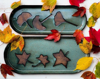 Fall leaves contemporary oval ceramic serveware, handmade oblong tray, tapas dish, sushi platter, foodies gift, nesting pottery trays