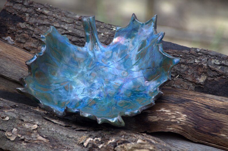 Colorful peacock Raku metalic ceramic sycamore decorative leaf