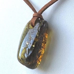 Baltic Amber Pendant: Solid Brown Amber with Natural Inclusions, Suede Cord
