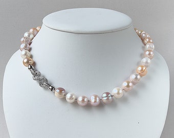 Pearl Choker Necklace, Natural Fresh Water Pearls - white, peach and rose, fancy Silver plated closure, Cubic Zirconia, hand made