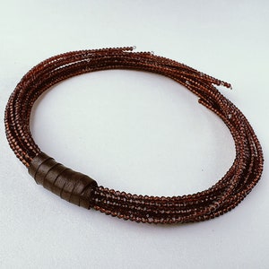 Multi strand choker necklace made of cinnamon tone crystals and genuine leather image 2