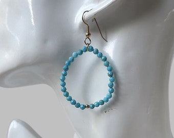 Blue Turquoise earrings, large hoops earrings, beaded earrings, natural Turquoise and Gold, feminine earrings, minimalist style