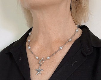 Silver Chain Choker necklace with Natural Fresh Water Pearls and Silver Star Fish Pendant, hand made