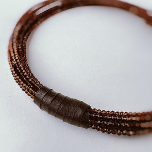 Multi strand choker necklace made of cinnamon tone crystals and genuine leather image 7